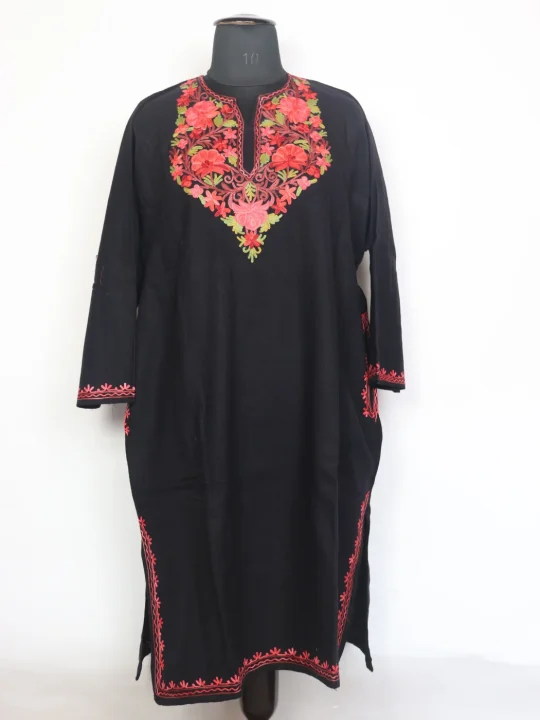 Kashmiri Pheran In Black Cashmilon Wool For Women With Aari Work Sana