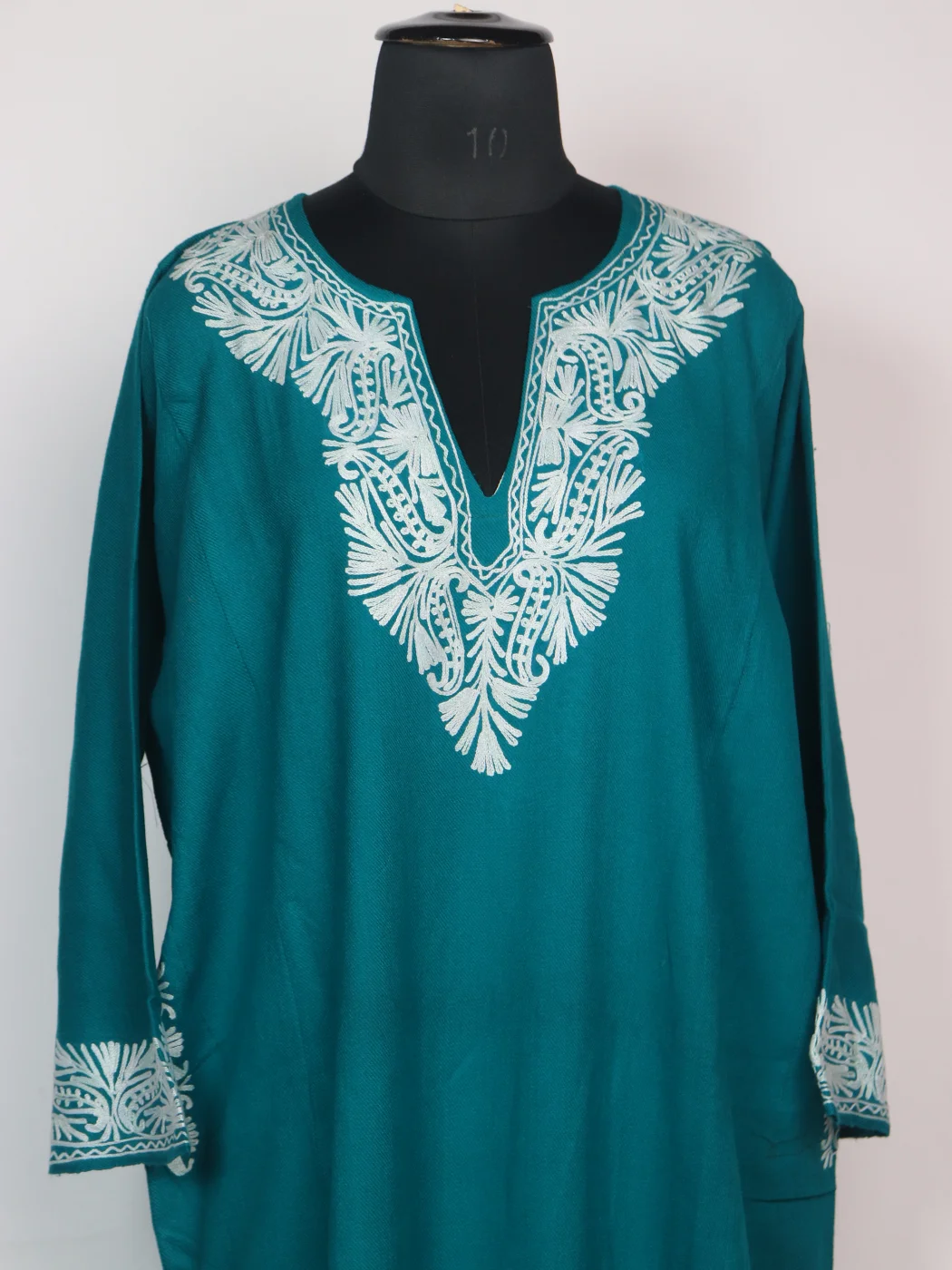 Kashmiri Teal Pheran In Cashmilon Wool For Women With Aari Kaam Afsha - Image 2