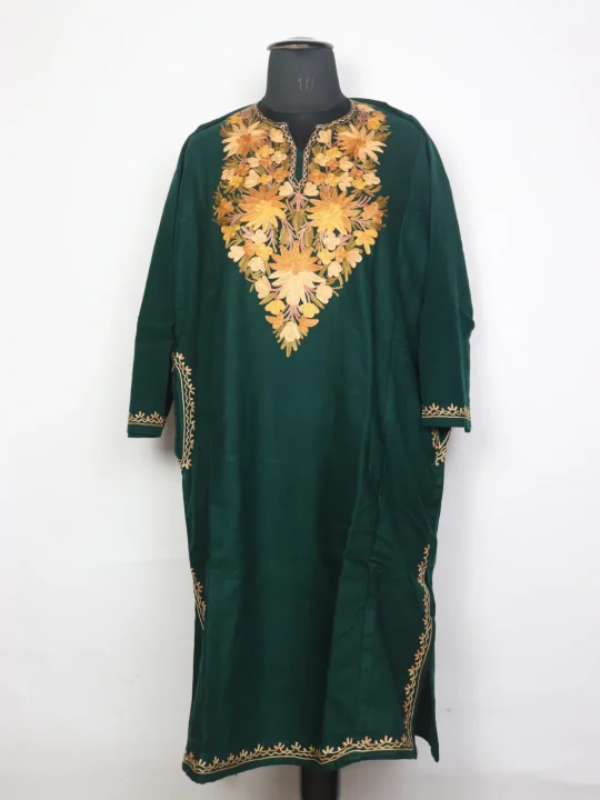 Kashmiri Pheran In Green Cashmilon Wool For Women Walur With Aari Work