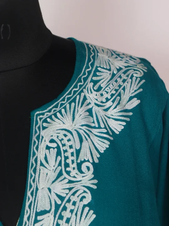 Kashmiri Teal Pheran In Cashmilon Wool For Women With Aari Kaam Afsha - Image 3