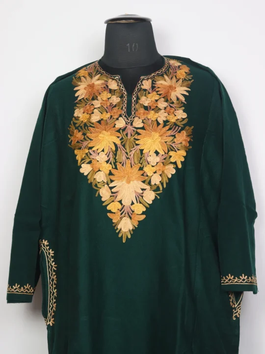 Kashmiri Pheran In Green Cashmilon Wool For Women Walur With Aari Work - Image 2