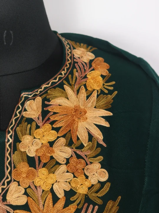 Kashmiri Pheran In Green Cashmilon Wool For Women Walur With Aari Work - Image 3