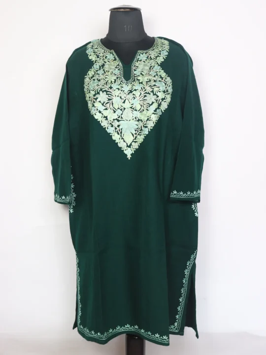 Farah Kashmiri Pheran In Green Cashmilon Wool For Women With Aari Embroidery