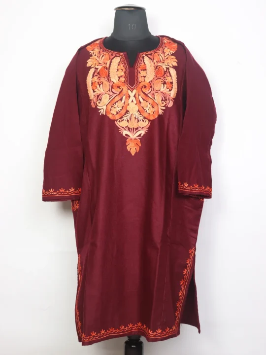 Kashmiri Zeba Pheran In Maroon Cashmilon Wool For Women With Aari Kadhai