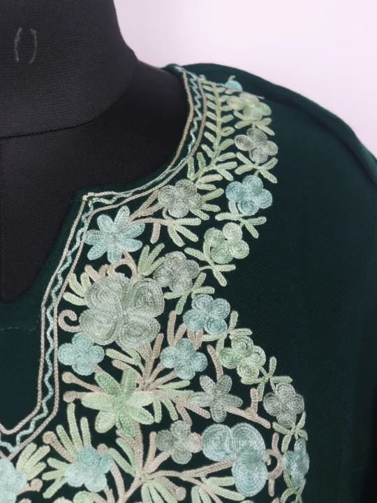 Farah Kashmiri Pheran In Green Cashmilon Wool For Women With Aari Embroidery - Image 3