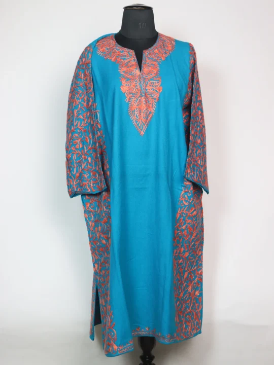 Kashmiri Betab Pheran In Blue Cashmilon Wool For Women With Aari Embroidery