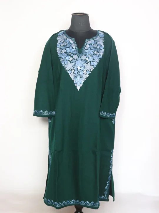 Kashmiri Pheran In Green Cashmilon Wool For Women Nadiya With Aari Embroidery