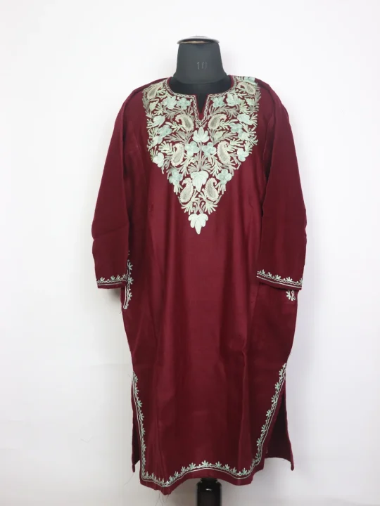 Kashmiri Pheran In Maroon Cashmilon Wool For Women Mumtaz With Aari Kaam