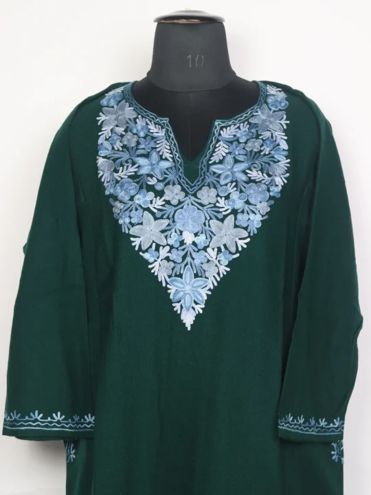 Kashmiri Pheran In Green Cashmilon Wool For Women Nadiya With Aari Embroidery - Image 2