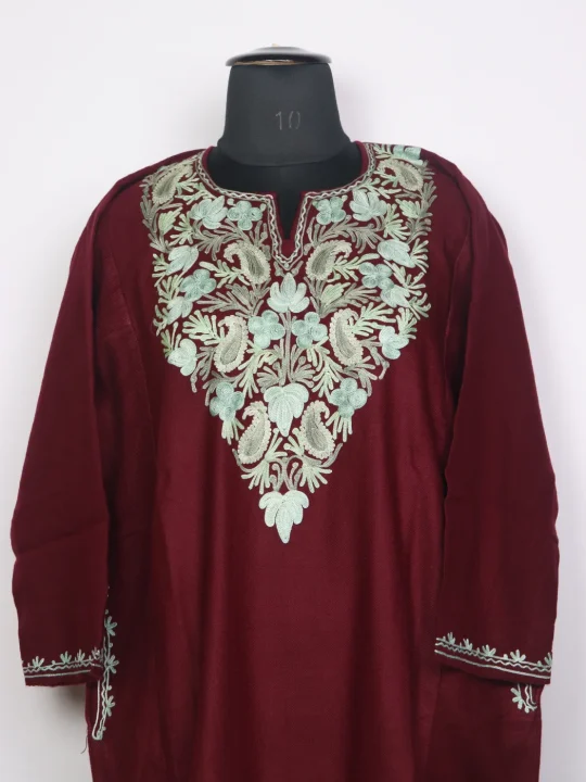 Kashmiri Pheran In Maroon Cashmilon Wool For Women Mumtaz With Aari Kaam - Image 2