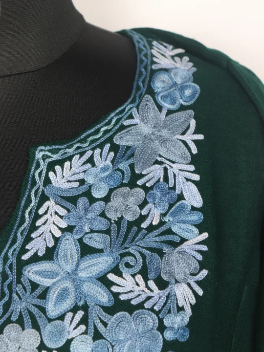 Kashmiri Pheran In Green Cashmilon Wool For Women Nadiya With Aari Embroidery - Image 3