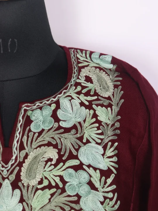 Kashmiri Pheran In Maroon Cashmilon Wool For Women Mumtaz With Aari Kaam - Image 3