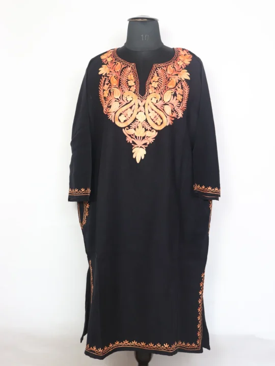 Kashmiri Pheran In Black Cashmilon Wool For Women Foziya With Aari Embroidery
