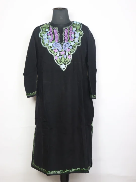 Jehlum Kashmiri Pheran In Black Cashmilon Wool For Women With Aari Work