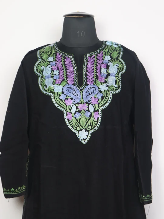 Jehlum Kashmiri Pheran In Black Cashmilon Wool For Women With Aari Work - Image 2