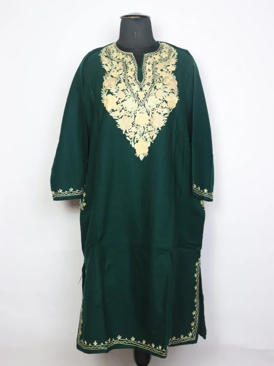 Kashmiri Nishat Pheran In Green Cashmilon Wool For Women With Aari Work