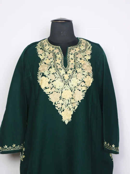 Kashmiri Nishat Pheran In Green Cashmilon Wool For Women With Aari Work - Image 2