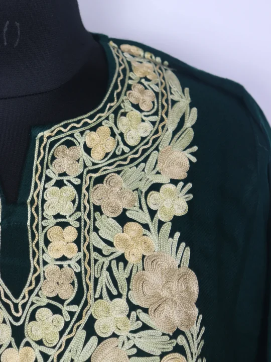 Kashmiri Nishat Pheran In Green Cashmilon Wool For Women With Aari Work - Image 3
