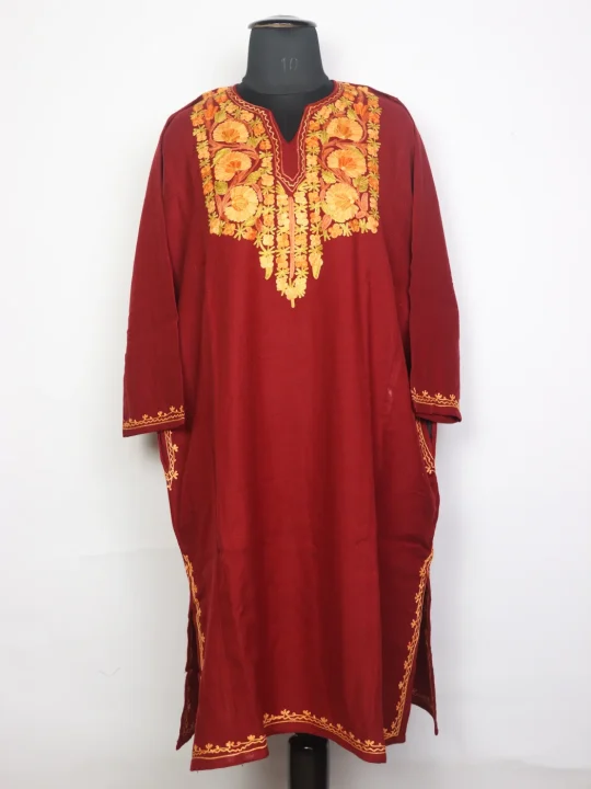 Shalimar Kashmiri Pheran In Maroon Cashmilon Wool For Women With Aari Work