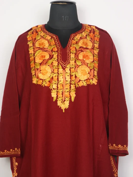 Shalimar Kashmiri Pheran In Maroon Cashmilon Wool For Women With Aari Work - Image 2