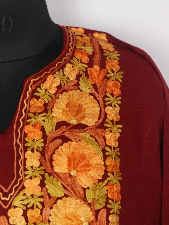 Shalimar Kashmiri Pheran In Maroon Cashmilon Wool For Women With Aari Work - Image 3