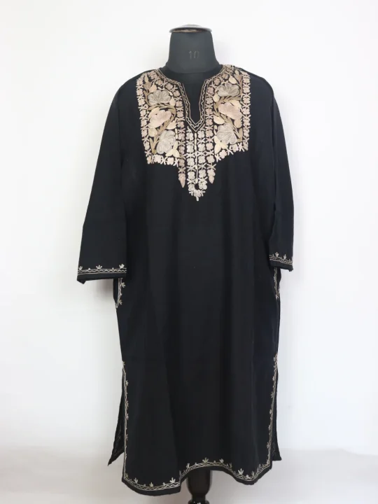 Kashmiri Pheran In Black Cashmilon Wool For Women With Aari Work Hina