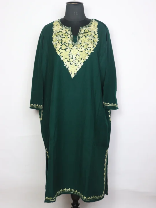 Kashmiri Pheran In Green Cashmilon Wool For Women With Aari Kaam Lolab