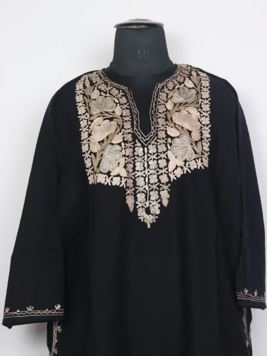 Kashmiri Pheran In Black Cashmilon Wool For Women With Aari Work Hina - Image 2