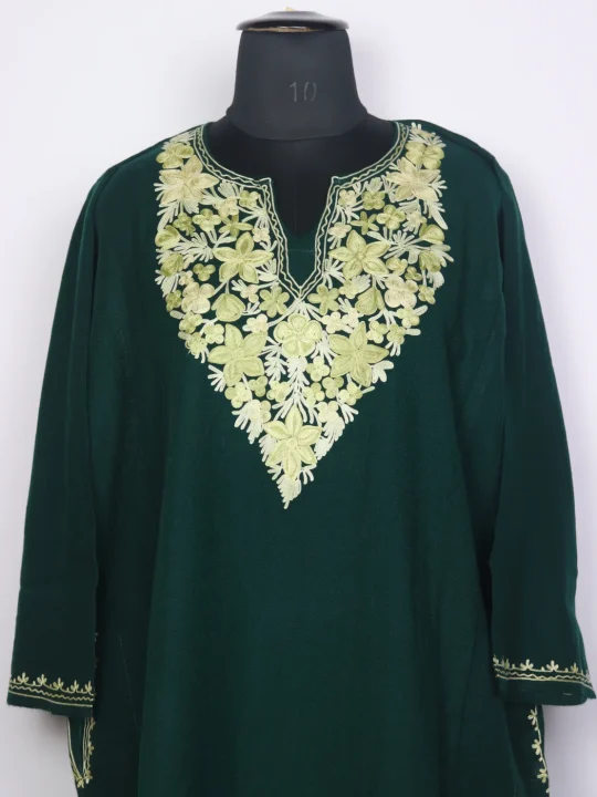 Kashmiri Pheran In Green Cashmilon Wool For Women With Aari Kaam Lolab - Image 2