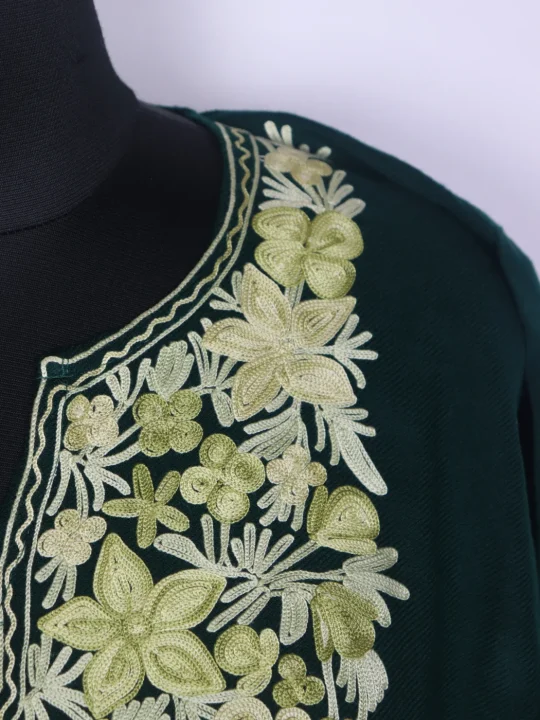 Kashmiri Pheran In Green Cashmilon Wool For Women With Aari Kaam Lolab - Image 3