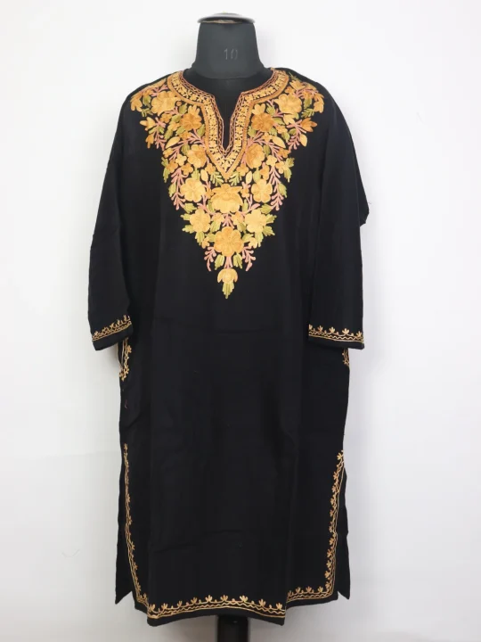 Huma Kashmiri Pheran In Black Cashmilon Wool For Women With Aari Kadhai