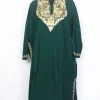 Kashmiri Pheran In Green Cashmilon Wool For Women Amina With Aari Kadhai