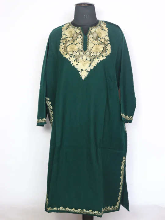 Kashmiri Pheran In Green Cashmilon Wool For Women Amina With Aari Kadhai