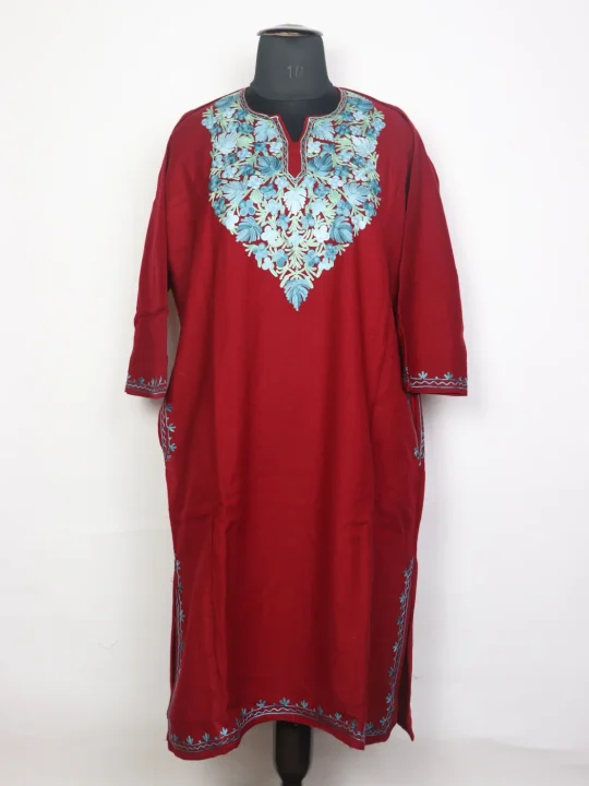 Kashmiri Maroon Pheran In Cashmilon Wool Sadiya For Women With Aari Kaam