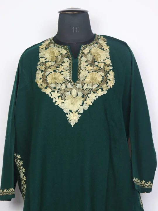 Kashmiri Pheran In Green Cashmilon Wool For Women Amina With Aari Kadhai - Image 2