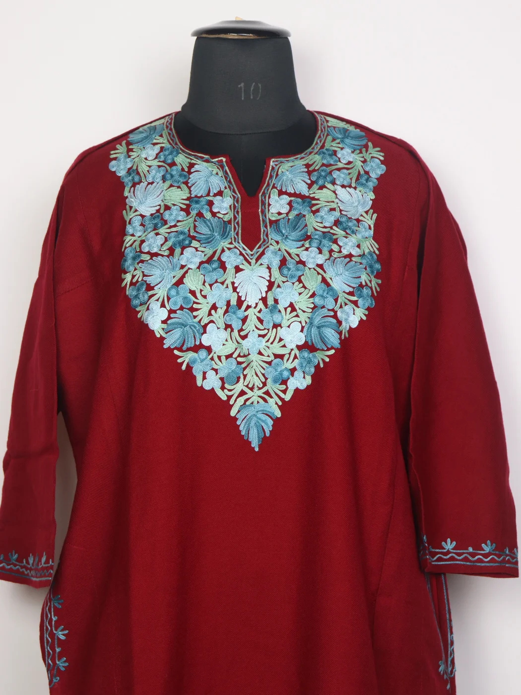 Kashmiri Maroon Pheran In Cashmilon Wool Sadiya For Women With Aari Kaam - Image 2