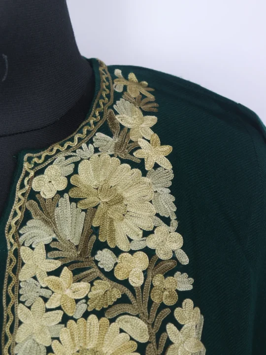 Kashmiri Pheran In Green Cashmilon Wool For Women Amina With Aari Kadhai - Image 3