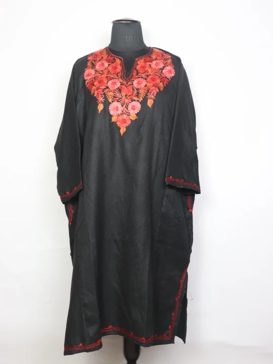 Kashmiri Pheran In Black Cashmilon Wool For Women Sania With Aari Embroidery