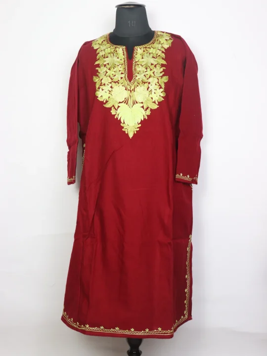 Maroon Kashmiri Pheran In Cashmilon Wool For Women Parisa With Aari Work