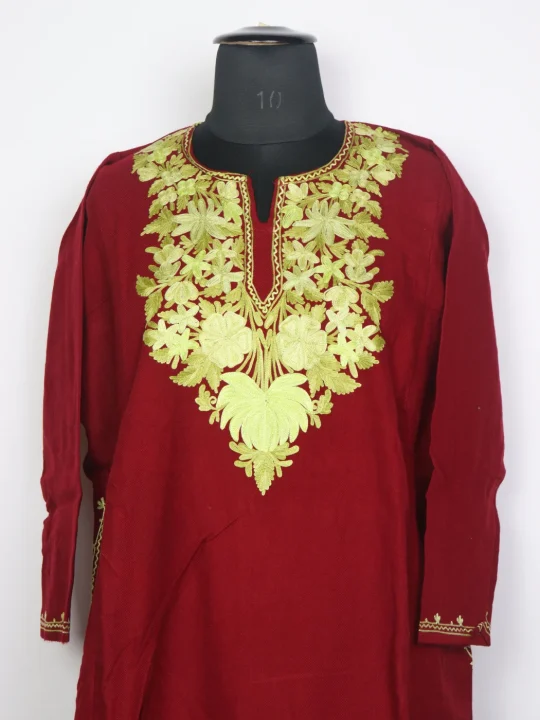 Maroon Kashmiri Pheran In Cashmilon Wool For Women Parisa With Aari Work - Image 2