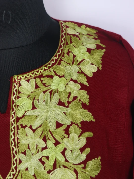 Maroon Kashmiri Pheran In Cashmilon Wool For Women Parisa With Aari Work - Image 3