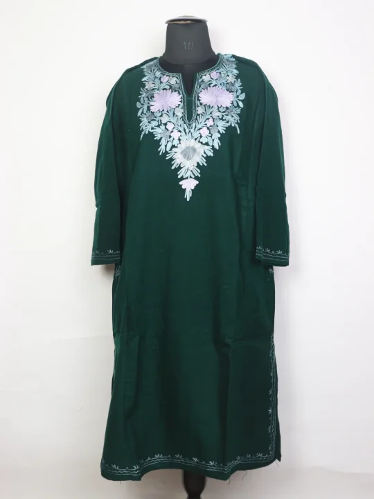 Kashmiri Pheran In Green Cashmilon Wool For Women Shahzad With Aari Work