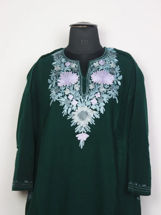 Kashmiri Pheran In Green Cashmilon Wool For Women Shahzad With Aari Work - Image 2