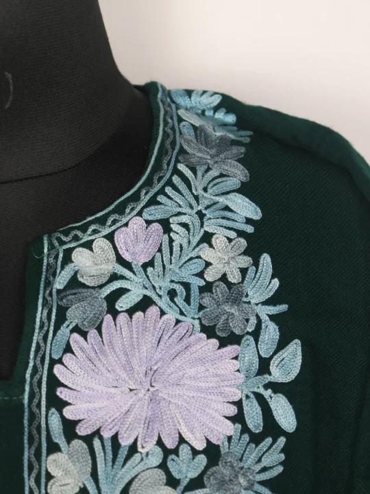 Kashmiri Pheran In Green Cashmilon Wool For Women Shahzad With Aari Work - Image 3