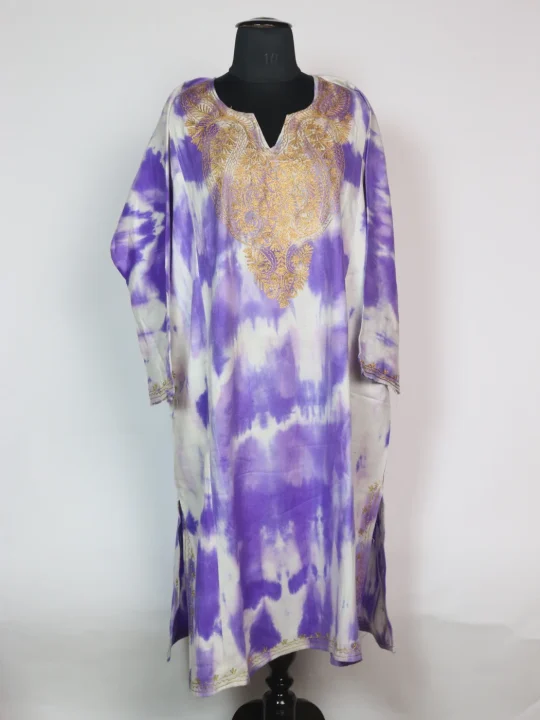 Kashmiri Tie-n dye Pheran In Cashmilon Wool for Women Yousmarg With Zari Work