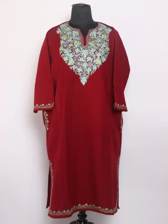 Kashmiri Zooni Cashmilon Maroon Pheran For Women With Aari Work
