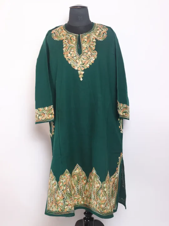 Kashmiri Green Rafiqa Cashmilon Pheran For Women With Daman Aari Kadhai