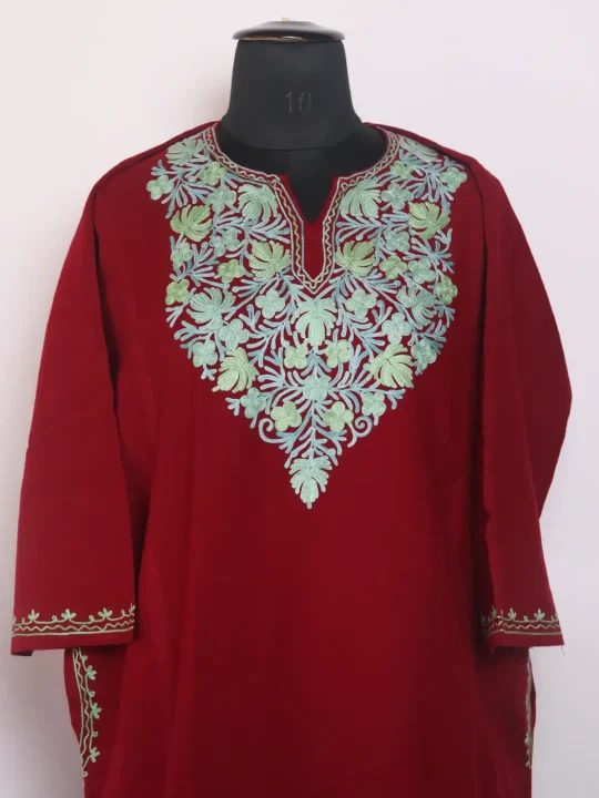 Kashmiri Zooni Cashmilon Maroon Pheran For Women With Aari Work - Image 2