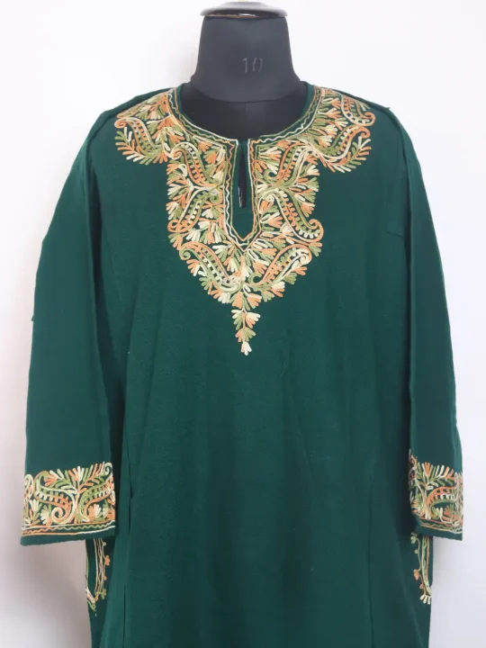 Kashmiri Green Rafiqa Cashmilon Pheran For Women With Daman Aari Kadhai - Image 2