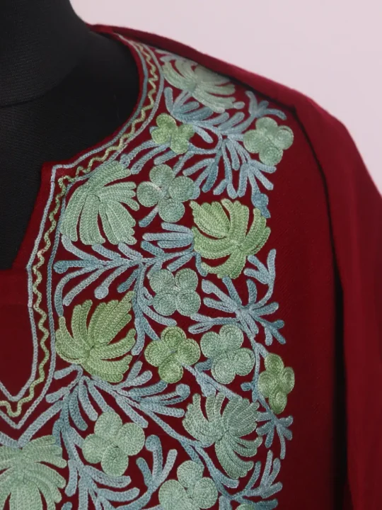Kashmiri Zooni Cashmilon Maroon Pheran For Women With Aari Work - Image 3